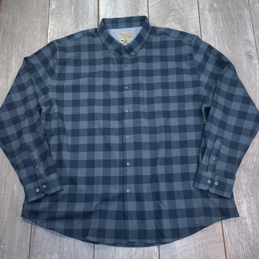 RSVLTS Flannel Shirt Mens 3XL Navy Grey Borland Flex Buffalo Plaid Button Down